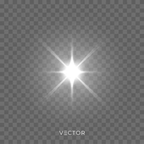 La luz de la estrella brilla, los rayos de luz de las estrellas resplandor efecto sobre fondo transparente. Brillo brillante del brillo de la Navidad del vector — Vector de stock