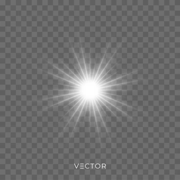 Brillo de luz de estrella, chispas de brillo reluciente sobre fondo transparente. Efecto de destello de lente brillante de vectores y rayos brillantes de luz estelar — Vector de stock