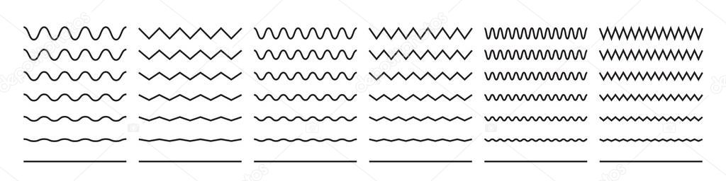Zigzag wave line patterns, smooth end squiggly horizontal vector lines and black curvy underlines