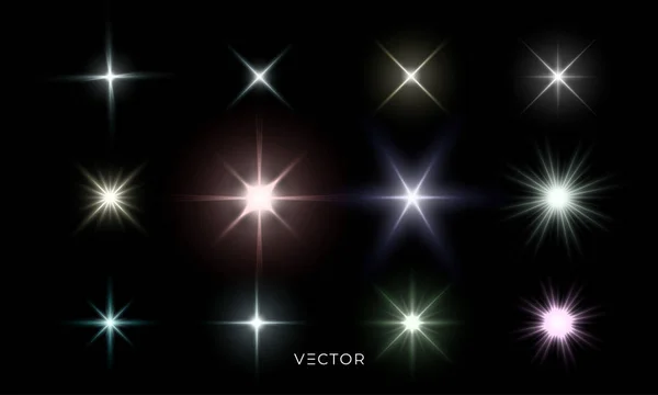 Efecto de luces de estrellas brillantes, destello de lente y efecto de explosión brillante. Vector aislado color estrella luz flash y los rayos de brillo establecidos sobre fondo transparente — Vector de stock