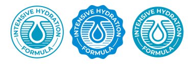 Sıvı ikonu, kozmetik ürünler paketi için nemlendirici su damlası vektör logosu. Nemlendirici, cilt kremi ve hyaluronik asit serumu için yoğun hidrasyon etkisi formülü