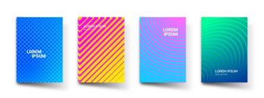 Soyut model gradyan arkaplan, vektör şablonları. Soyut minimal yarım ton renk gradyanı olan modern geometrik tasarım, broşür sunum kapağı şablonu için dalga çizgisi etkisi