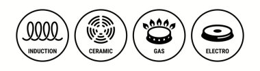 İndüksiyon ikonu, seramik, gaz ve elektrikli pişirme hob vektör sembolleri. Kokain sobası veya fırın ızgara pişirici ve yüzey tenceresi indüksiyon, elektro, gaz ve seramik logo simgeleri