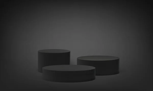 三维基座上的倒立平台 黑色灰色背景上的矢量圆形舞台基座 演播室中的圆形柱子座或场景座 平台上的空隔离柱子 — 图库矢量图片