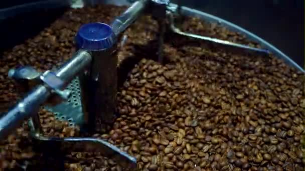 Refroidissement des grains de café après torréfaction. Machine à rôtir, gros plan — Video