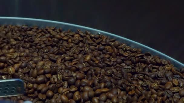 Refrigeração de grãos de café após a torrefação. Máquina de torrefação, close-up, câmera lenta — Vídeo de Stock