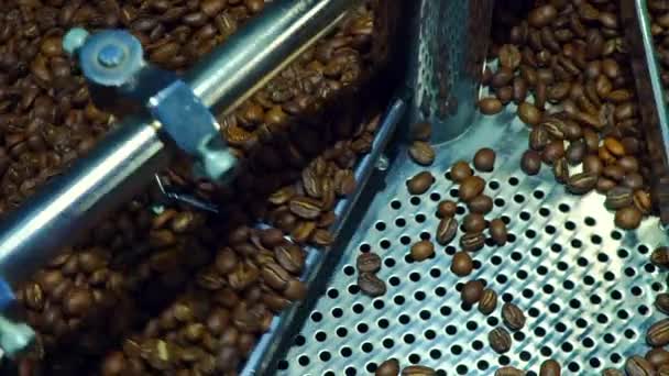 Kylning kaffebönor efter rostning. Stekning maskin, närbild, Slowmotion — Stockvideo