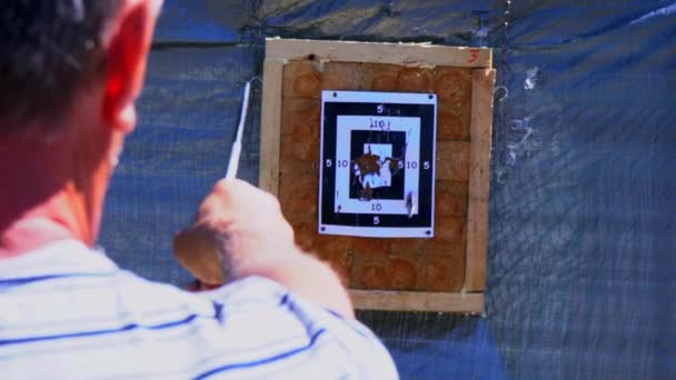 Man Throws Knife Target Distance Knife Does Hit Target Throwing — Stock Video