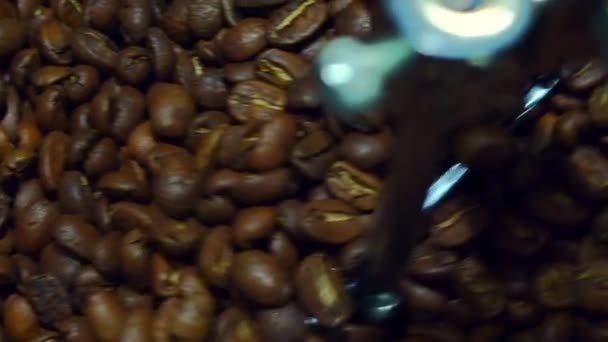 Koeling koffiebonen na het roosteren. Roosteren machine, close-up, slow-motion — Stockvideo