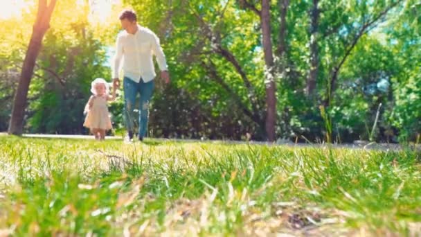 Vater mit kleiner Tochter läuft im Sommerpark Händchen haltend direkt in die Kamera, Mädchen blickt in die Kamera — Stockvideo