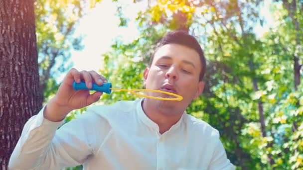 Père soufflant des bulles de savon et petite fille les attrape dans le parc, concept de famille style de vie — Video