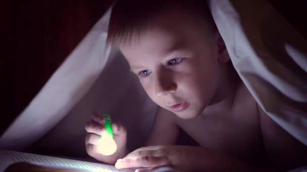 Uma criança lê um livro sob cobertores com uma lanterna à noite. menino com cabelo claro e olhos azuis — Vídeo de Stock