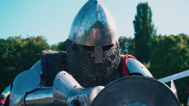 Knight Tournament. Knight before the fight. Man in Iron Armor — Stock Video