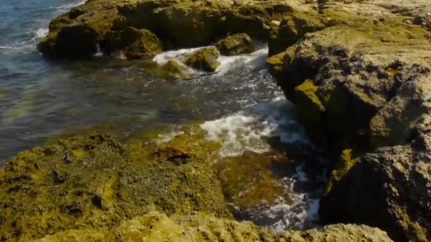 Orilla rocosa. Las olas rodan en la costa y se rompen contra las rocas. Marea. — Vídeos de Stock