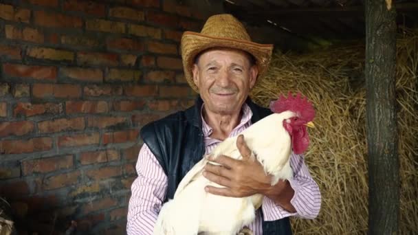 Un anziano contadino con un cappello di paglia tiene in mano un gallo bianco vivo. Ritratto di un uomo con un gallo bianco su sfondo fieno . — Video Stock