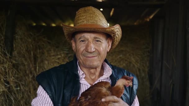 Een bejaarde boer in een stro hoed houdt een levende kip. Portret van een man met een kip op een achtergrond van hooi. — Stockvideo