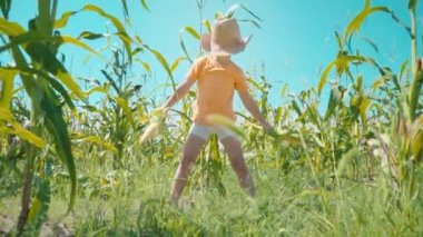 Hasır şapkalı bir çocuk bir tarlasında oynarken, çocuk Mısır koçanı koruyor ve kendini bir kovboy olarak sunar