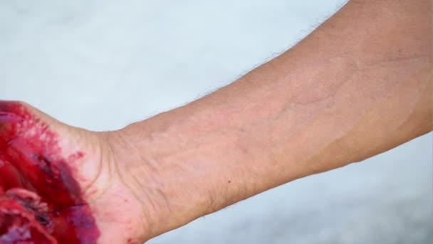Рука человека держит окровавленное сердце на белом фоне — стоковое видео