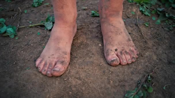 Close-up barefooted dirty feet of a child standing on a damp ground — Stock Video