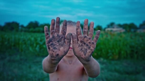 Un niño feliz muestra sus manos sucias de la tierra, un niño manchado en el barro, un pasatiempo de la infancia feliz — Vídeo de stock