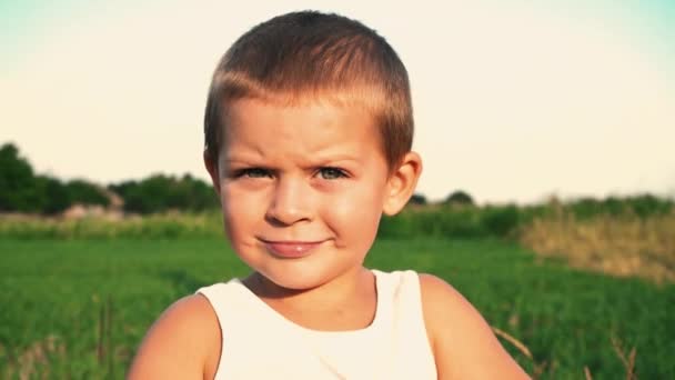 4-letni chłopiec w biały t-shirt nieśmiało uśmiecha się do kamery, obniża jego oczy. Portret dziecka cute z małych dołeczki na jego policzkach na tle przyrody. — Wideo stockowe