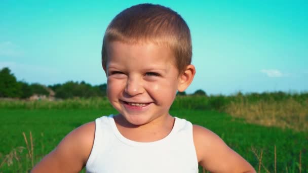 Rapaz de 4 anos, com uma t-shirt branca, sorri timidamente para a câmara e depois olha para o outro lado. Retrato de uma criança bonita com pequenas covinhas em suas bochechas em um fundo da natureza . — Vídeo de Stock