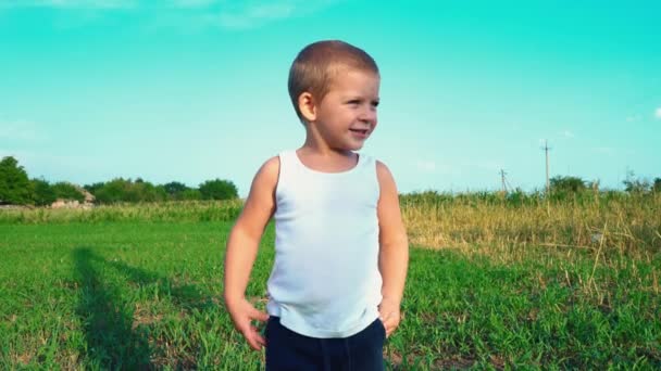 Porträt eines schüchternen 4-jährigen Kindes vor dem Hintergrund der Natur, das Kind blickt in die Kamera und lächelt, dann schaut es weg — Stockvideo