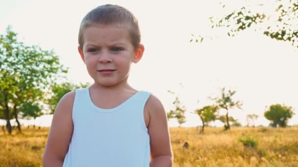Beyaz bir t-shirt 4 yaşındaki çocuk gülüyor ve ellerini uzanır. Doğa arka plan üzerinde bir etkin çocuk portresi. — Stok video