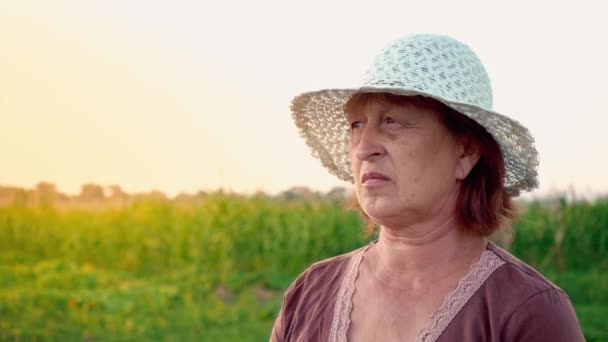 田舎に住んでいる高齢者の女性の肖像画。大人の女性は日没時フィールドにビューを楽しむ白い帽子をかぶっています。 — ストック動画