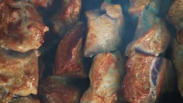 Viande sur le gril. Cuisson kebab shish sur brochettes. Cuire de la viande de porc sur du charbon chaud. Gros plan du plat traditionnel de pique-nique. Griller la viande 