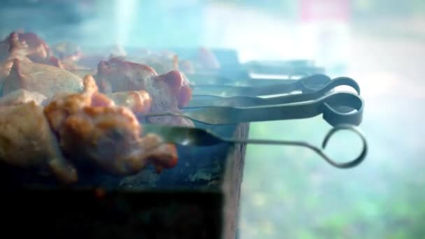 Fleisch auf dem Grill. Dönerspieße kochen. Schweinefleisch auf heißer Holzkohle kochen. Nahaufnahme traditioneller Picknickgerichte. Fleisch grillen