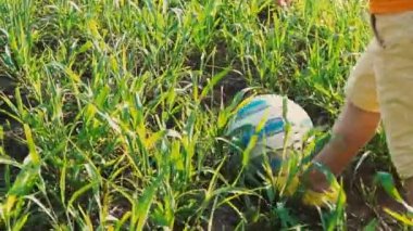 Bir çocuğun kendi ayakları üzerinde arka görüş alanında yüksek yeşil çimenlerin üzerinde bir futbol topu ayaklarıyla başladı