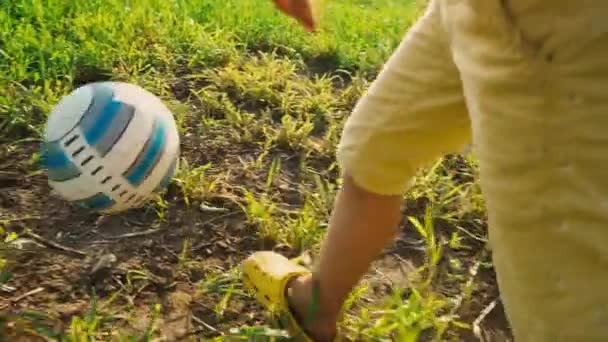 Дитина біжить і б'є м'яч, юний футболіст. 5-річний хлопчик кидає футбольний м'яч з ногами на високу зелену траву в полі, вид ззаду на ноги . — стокове відео