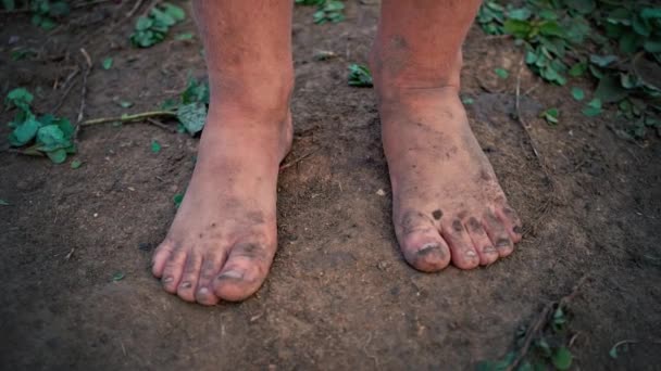 Primer plano pies sucios descalzos de un niño de pie en un suelo húmedo — Vídeo de stock