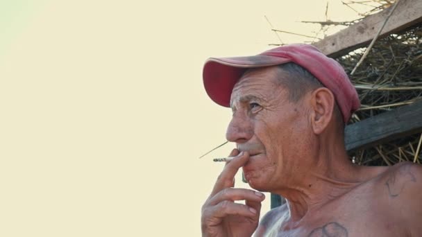 Portrait of a smoking hard worker against the background of a rural scene. A farmer in a cap smokes a cigarette — Stock Video