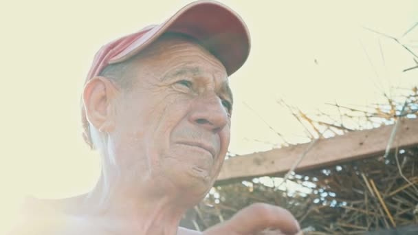 Retrato de um trabalhador fumante duro contra o pano de fundo de uma cena rural. Um agricultor com um boné fuma um cigarro — Vídeo de Stock