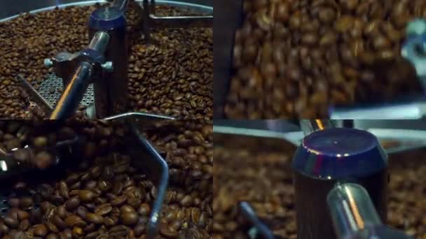 コーヒーのトピックをカバー様々 なビデオ クリップのコラージュ 分割画面のモンタージュの壁 焙煎コーヒー豆 分割画面 コーヒーを作る 穀物冷却過程 茶色の色 — ストック動画