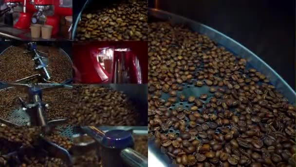 Collage Varios Videoclips Que Cubren Tema Del Café Pared Montaje — Vídeos de Stock