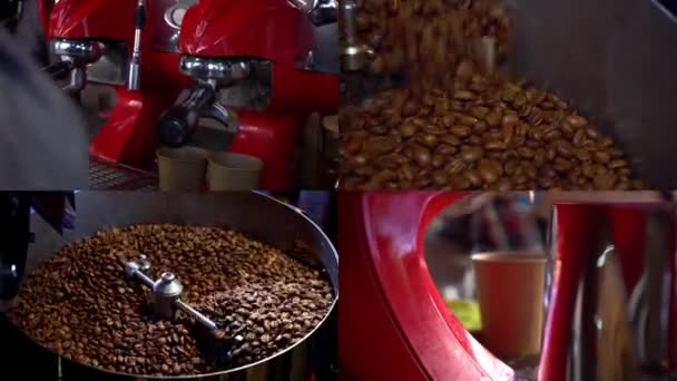 拼贴各种视频剪辑 涵盖咖啡的主题 分屏蒙太奇墙 咖啡豆烤制 拆分屏幕 煮咖啡 谷物冷却过程 — 图库视频影像