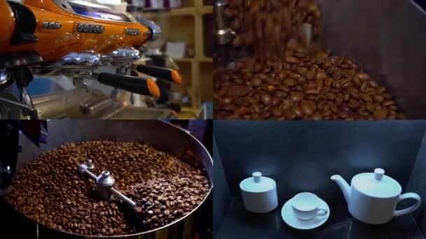 Collage Varios Videoclips Que Cubren Tema Del Café Pared Montaje — Vídeo de stock