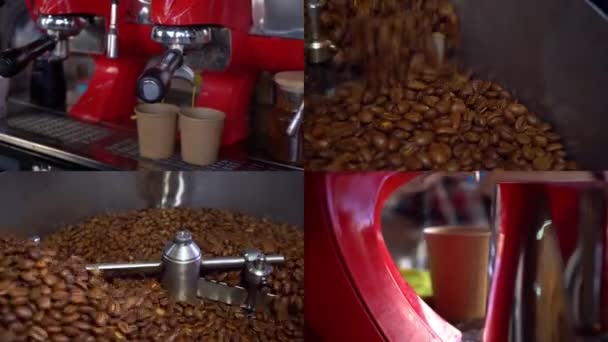 コーヒーのトピックをカバー様々 なビデオ クリップのコラージュ 分割画面のモンタージュの壁 焙煎コーヒー豆 分割画面 コーヒーを作る 穀物冷却過程 茶色の色 — ストック動画