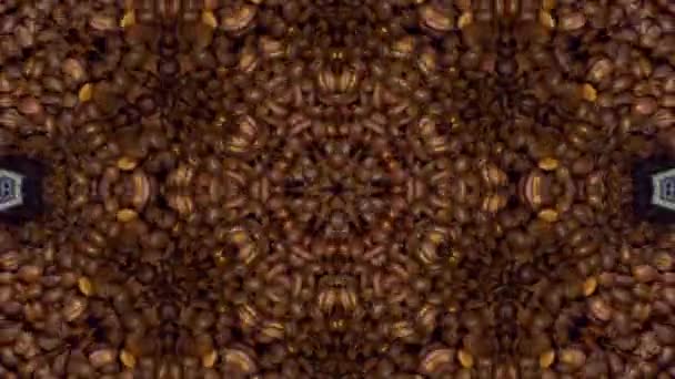 咖啡豆万花筒 巧克力背景的迪斯科 咖啡店设计 谷物在旋转 咖啡抽象 金属棕色装饰品 — 图库视频影像