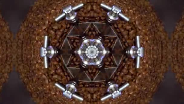 コーヒー豆の万華鏡 ディスコ デザインのチョコレート背景 コーヒー ショップ デザイン 穀物を回転しています コーヒーの抽象化です 穀物を粉砕します 茶色の金属の飾り — ストック動画