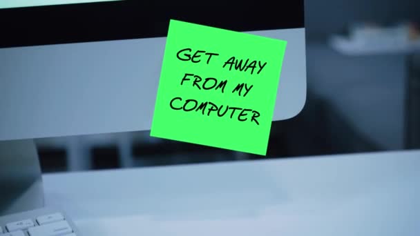 Get Away Computer Inscription Sticker Monitor Message Motivation Reminder Handwritten — Stock Video