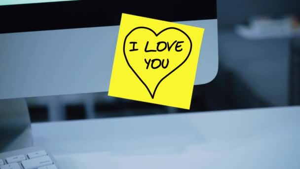 Love You Inscription Sticker Monitor Message Motivation Reminder Handwritten Text — Stock Video