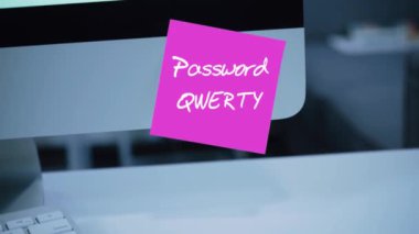 Basit, kolay şifre. QWERTY. 1234567. bilgisayar güvenlik. Hesap kesmek. Parola monitör. El yazısı metnini bir marker ile yazılmış. Renk etiket. Bir çalışan, bir meslektaşım için bir mesaj