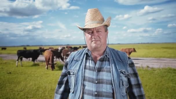 Ranchägaren Cowboyhatt Och Denim Porträtt Bonde Åker Omgiven Kor — Stockvideo