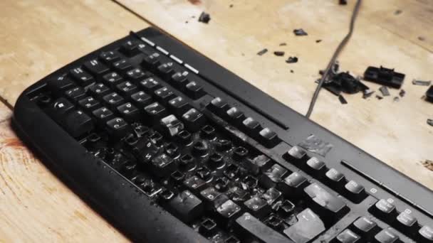 Angry Man Breaks Keyboard Hammer Furious Worker Breaks Office Equipment — Stock Video