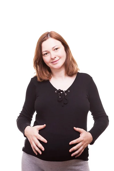 Mujer Embarazada Feliz Sosteniendo Vientre Sobre Fondo Blanco Foto Estudio —  Fotos de Stock