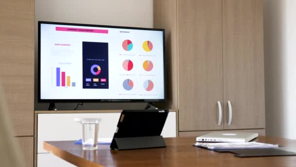 Revealing shot company sales report on big screen plasma TV in meeting room — Stock Video